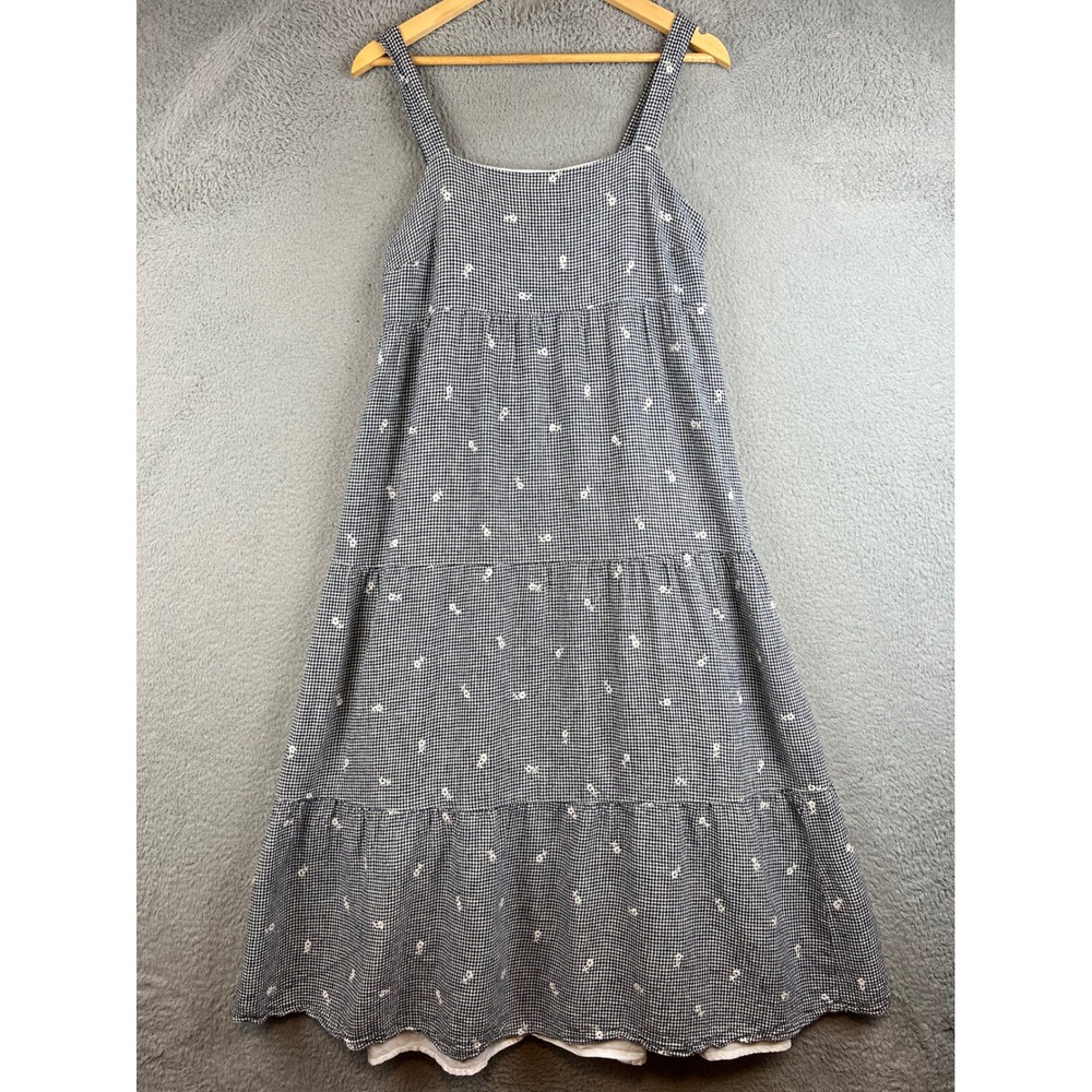 Madewell Gingham Embroidered Tiered Maxi Dress Navy White Linen Blend Medium